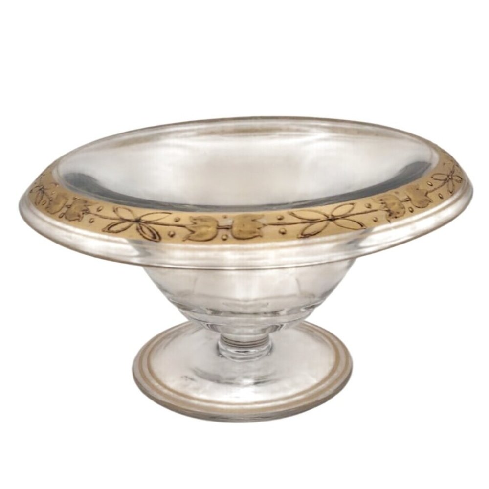 Vintage Tiffin Glass Franciscan Gold Encrusted Filigree Compote Pedestal Dish